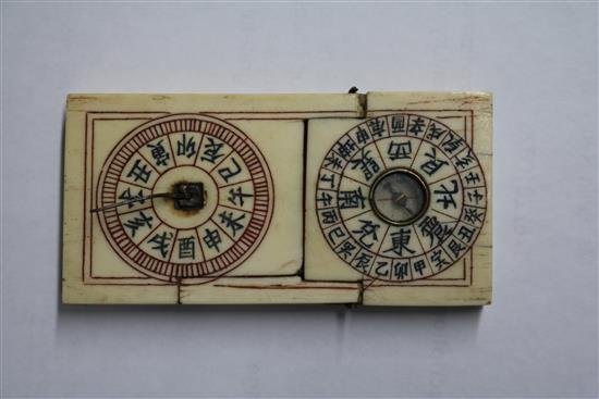 A Chinese ivory zodiac compass, a puzzle ball and a 19th century carved matchstick